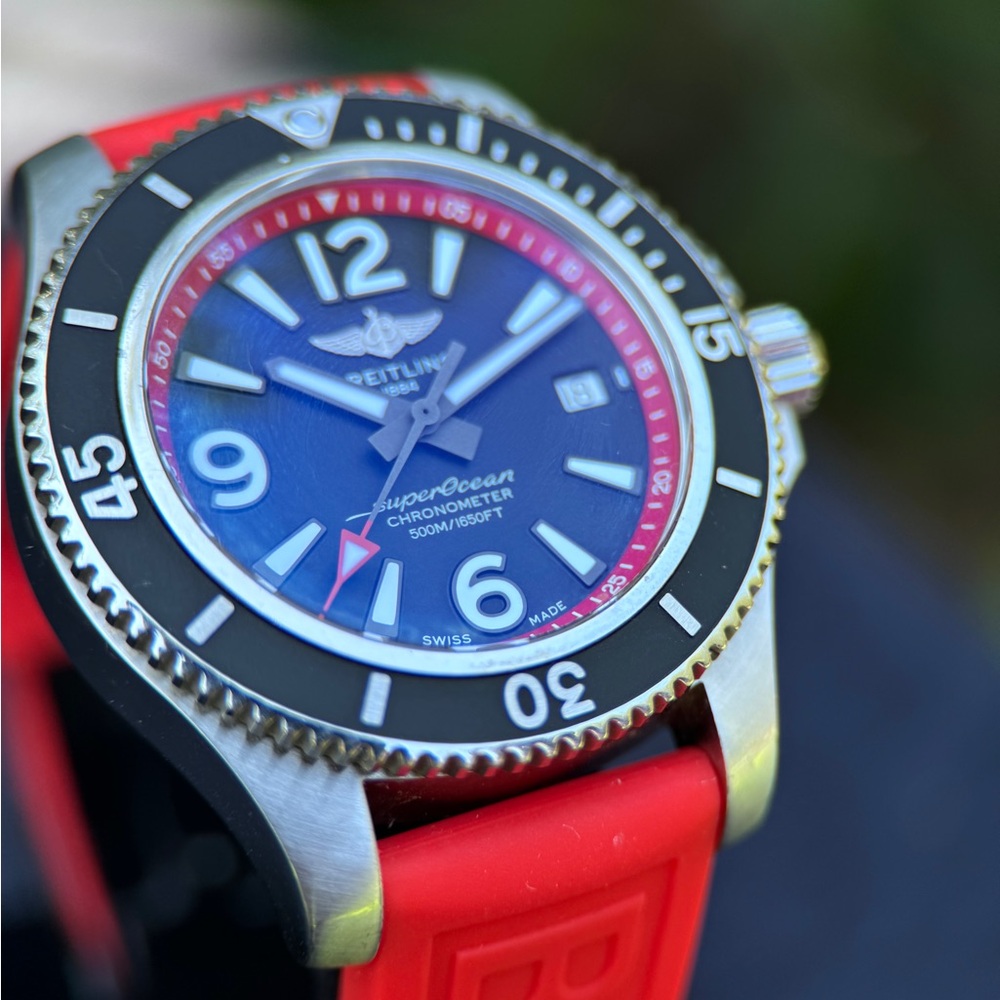 Breitling Superocean 42 Exclusive A17366 Unworn Red and Black Custom Strap